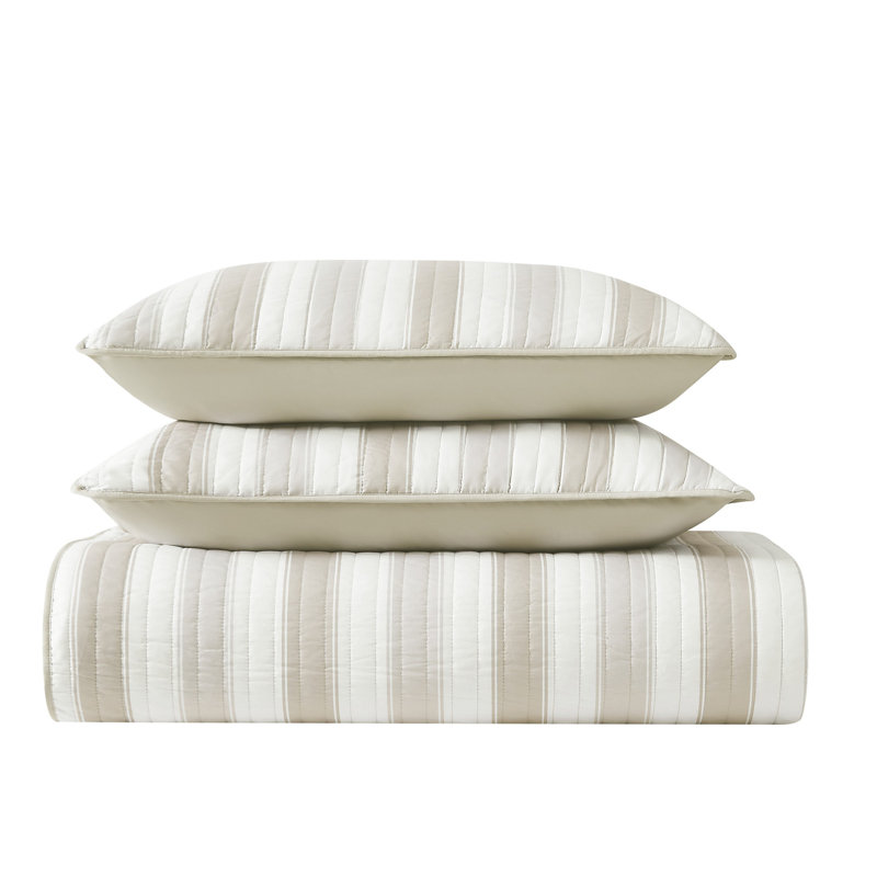 Aiden Polyester Comforter Set, Queen Quilt+ 2 Standard Shams, White/Tan