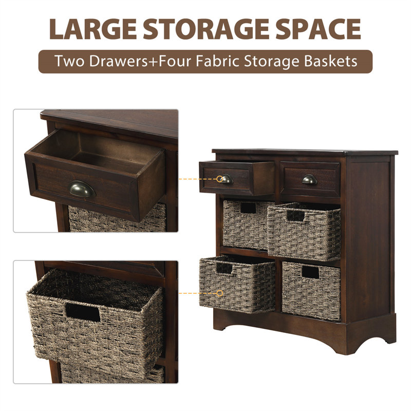Small Console Table with Drawers and 4 Removable Rattan Basket, Espresso