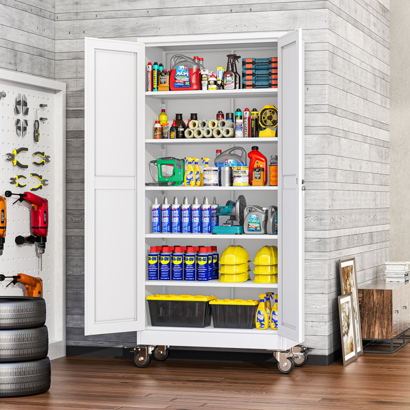 Armoire de rangement en métal 73 pi 72 po avec roulettes et 5 tablettes réglables, Blanc, 73.62" H x 35.4" W x 17.7" D