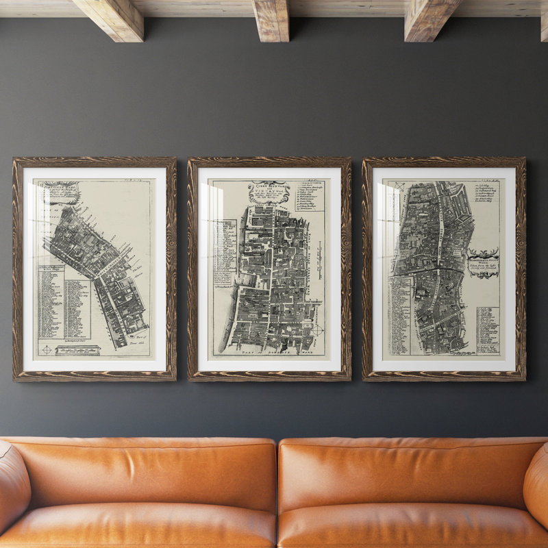 Quays Of London III - Ensemble de 3 reproductions de cadres photo, H 37,5 po x l 82,5 po x P 1,5 po, Noyer