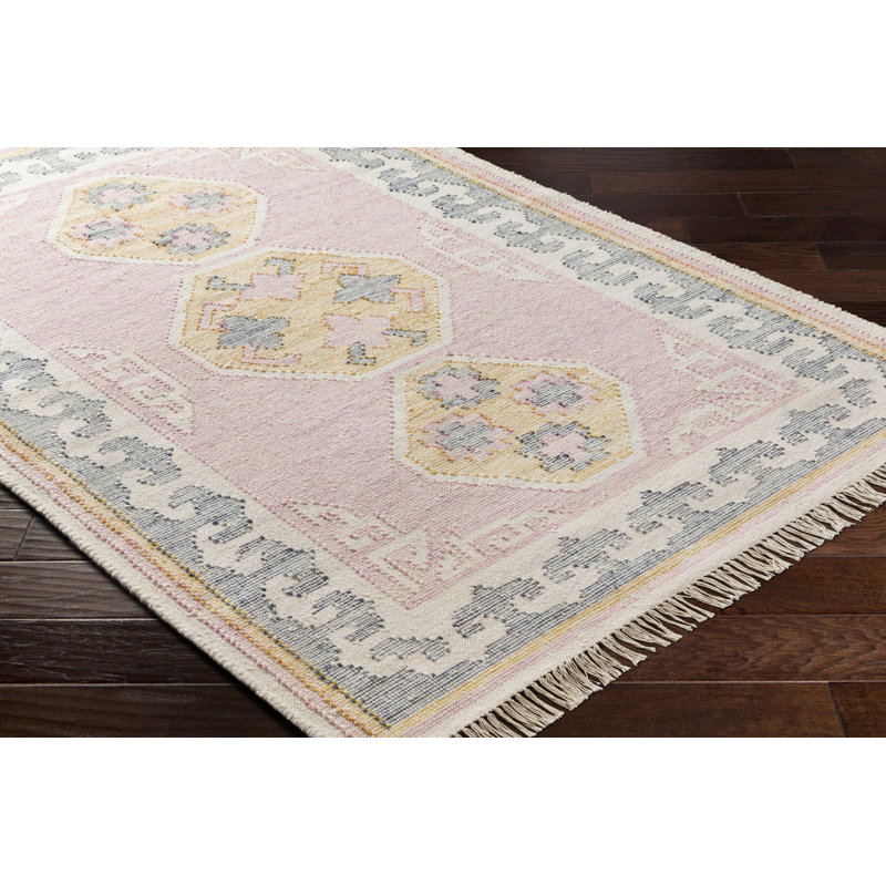 Ferrand Oriental Hand Woven Wool Area Rug in Pink/Yellow/Slate, Rectangle 5' x 7'6"