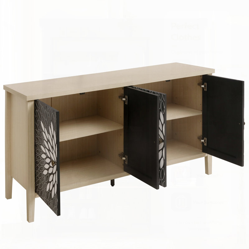 Buffet moderne à 4 portes avec tablettes réglables pour un rangement polyvalent dans les espaces de vie, de salle à manger et de cuisine