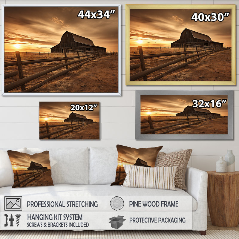 Paysage de grange au crépuscule II - impressions sur toile de ferme, H 30 po x l 40 po x P 1,5 po, Cadre flottant noir