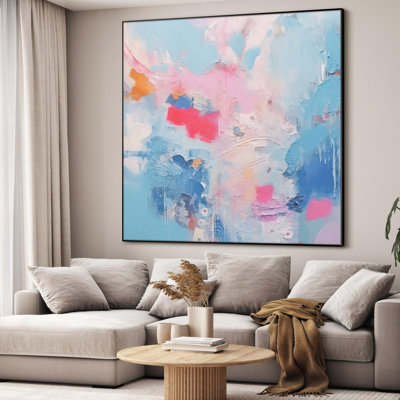 Très grande reproduction d'art sur toile - Coups de pinceau abstraits, illustrations d'illustrations roses, bleues et oranges pour le salon ou la chambre à coucher - «Assemblage requis du cadre (cadre non fini)»