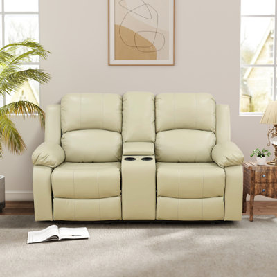 Double fauteuil inclinable manuel, causeuse rembourrée avec porte-gobelets, cuir, beige