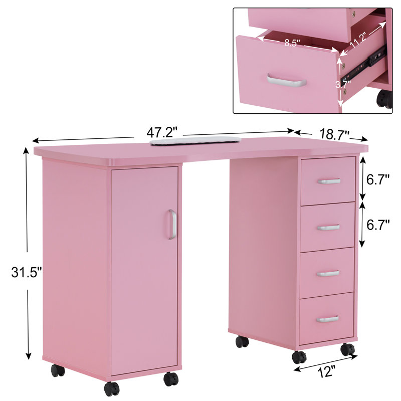47.2'' Makeup Vanity Desk, Classic Nail Desk with Drawer Cabinet and Wheels, Pink