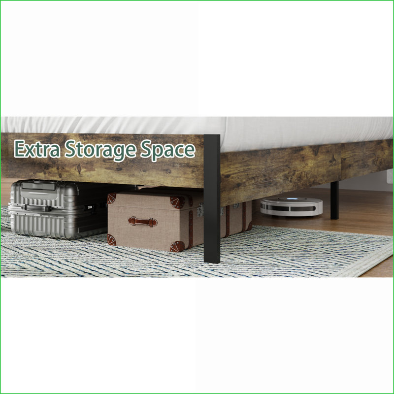 Très grande base de lit en bois MDF avec tête de lit tapissier, station de charge et amp; Éclairage à DEL, aucun sommier nécessaire, brun industriel pour les chambres à coucher