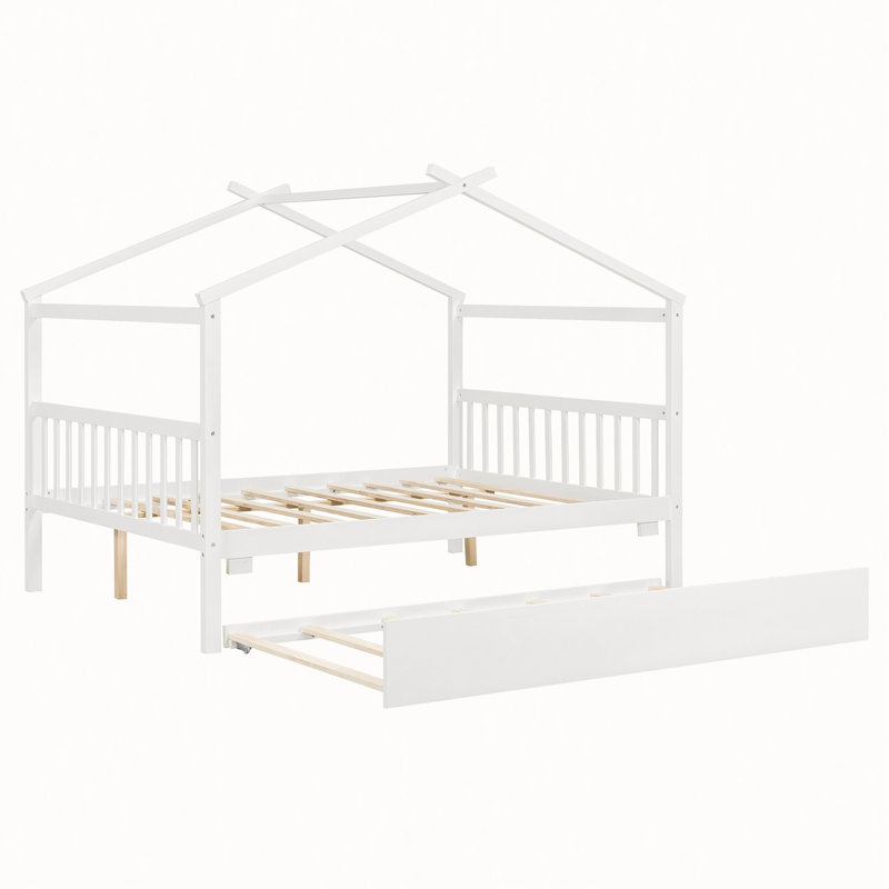 Lit double en bois avec lit gigogne simple, blanc, Double, Blanc