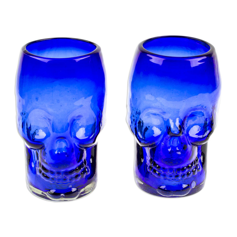  Gobelets en verre recyclé soufflé à la main à la main en forme de crâne mexicain (paire), Bleu