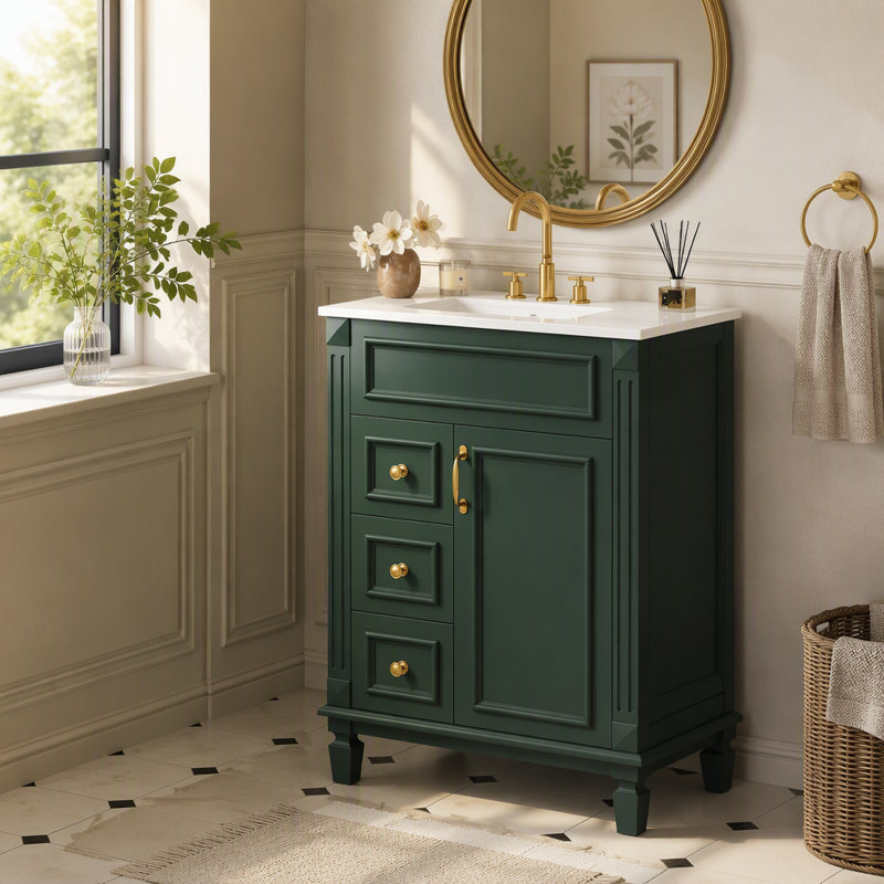 24" Bathroom Vanity with Ceramic Sink, Small Bathroom Sink Cabinet, Modern Cabinet with 2 Drawers and Adjustable Shelf, Green