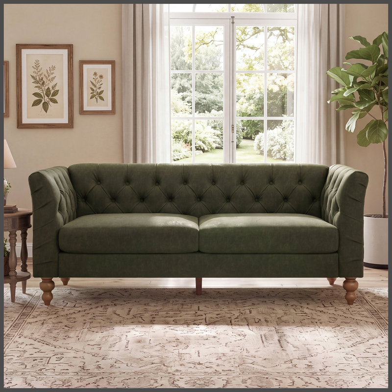 Canapé de 73,5 po Chesterfield, Green Pine,Plywood,PU Leather,Rubber Wood, Vert