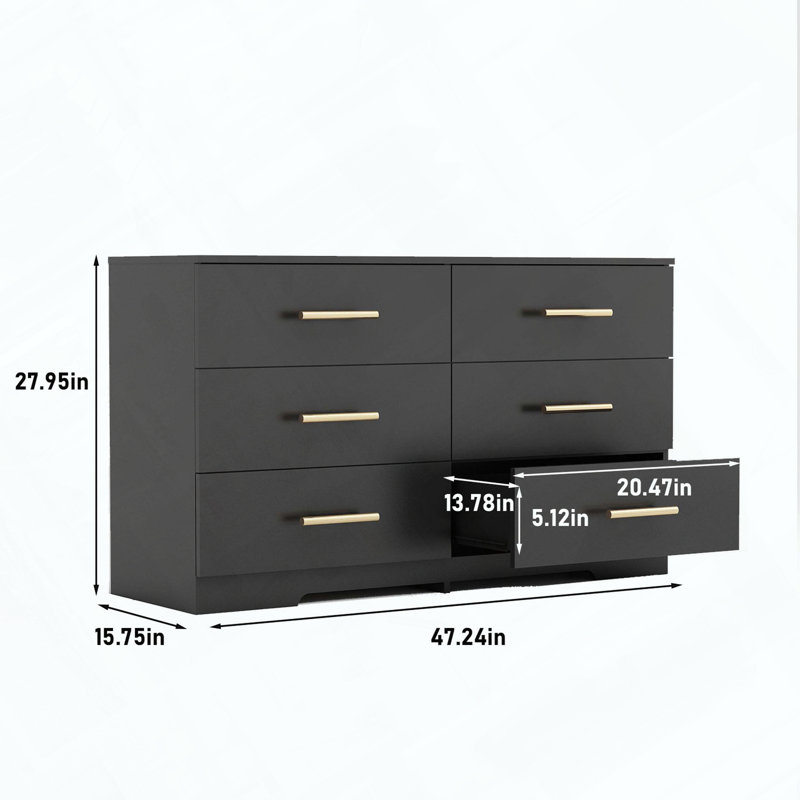 Commode 6 tiroirs avec poignées dorées et style minimaliste, Vert