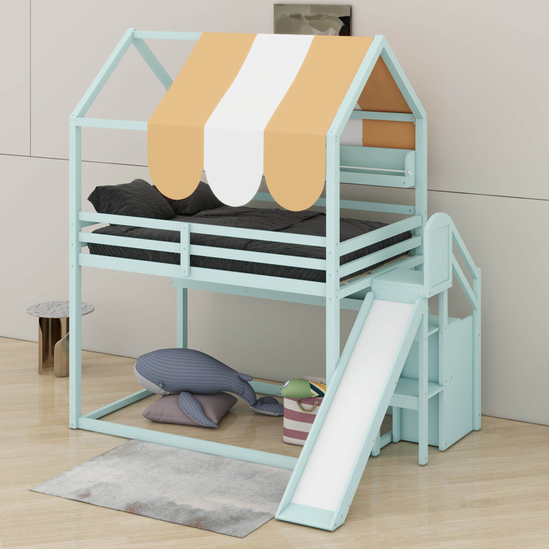 Full Size House Bed With Canopy & Slide, Built-In Bookshelves, Light Green