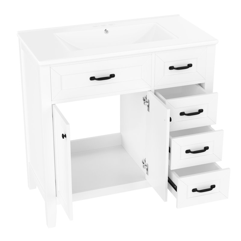 Meuble-lavabo de salle de bain 36 po blanc - autoportant moderne avec tiroirs, vasque en céramique, style, Blanc
