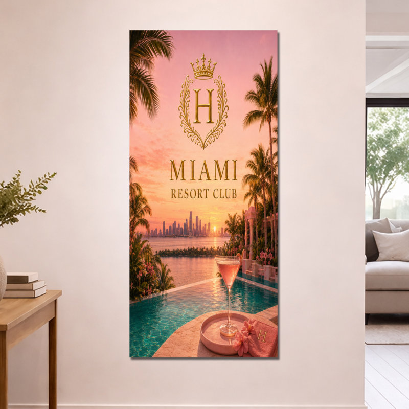 Miami Resort Club Sunset - Décoration murale glamour sur toile, H 60 po x l 28 po, Toile tendue