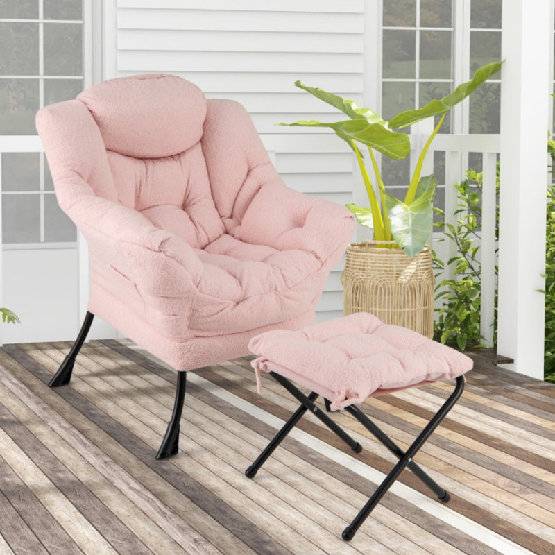 Modern Accent Chair with Folding Footrest and Head Pillow, Pink Polyester