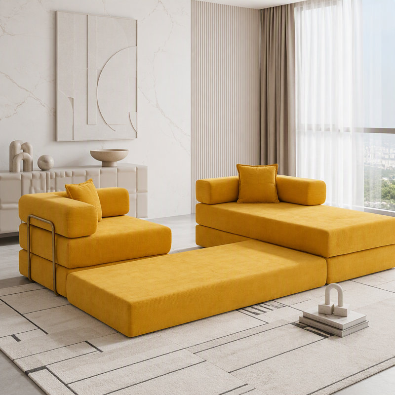 Canapé modulaire en velours côtelé modulaire avec méridienne en L, sans assemblage, Jaune