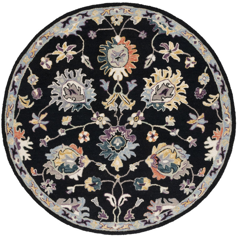 Shiverick Tufted Wool/Cotton Performance Floral Rug in Black/Blue, Round 6'
