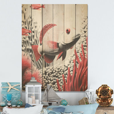 Monochromes de poissons noirs et rouges I - art mural bois de corail sous l'eau sur bois de pin naturel