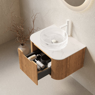 24" Bathroom Vanity With Transparent Round Sink, Natural Cabinet, Soft Close Drawer Slides, Pre - Assembled