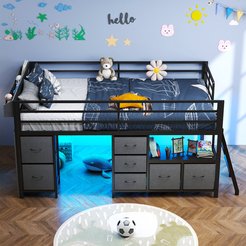 Twin Low Loft Bed With 7 Storage Drawers And Led Lights, Inclined Ladder And Under-bed Play Space, Black