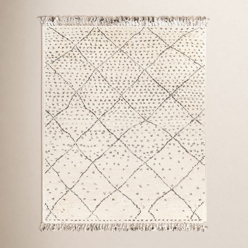 Tapis touffeté à la main à motif géométrique ivoire Morocco, Rectangle 2 pi x 3 pi
