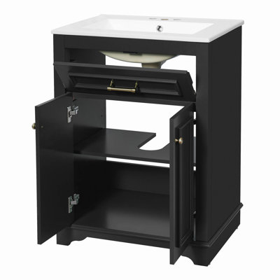 24" Bathroom Vanity with Integrated Ceramic Sink, Bathroom Cabinet with 2 Doors, 1 Tip-Out Drawer, Single Sink Bathroom Vanity for Small and Medium Restroom