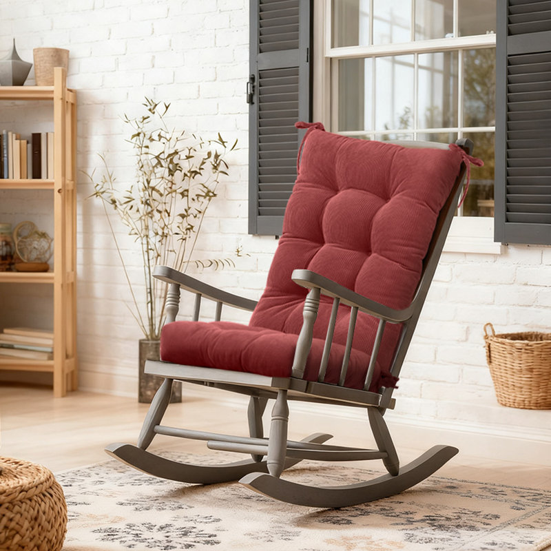 Double Fixation Non-Slip Rocking Chair Cushion - High Rebound foam Filled Corduroy Flower Seat & Back Pad for Study, Bedroom & Porch (Burgundy)