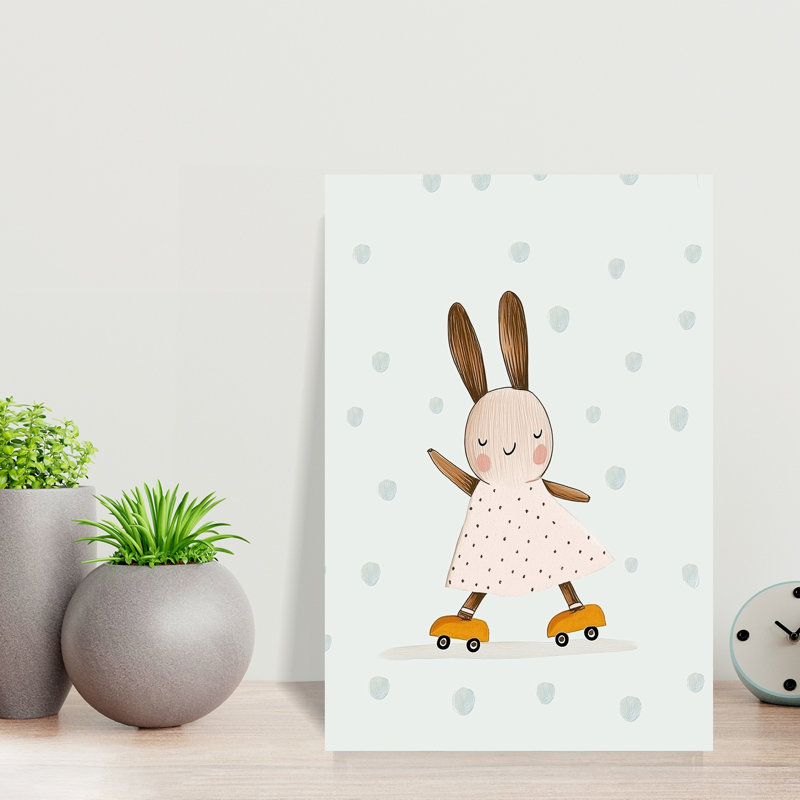 Happy Skating Bunny Playful Whimsical Contemporary Rabbit Forest Wall Art Print 1 Piece Wrapped Canvas Wall Art