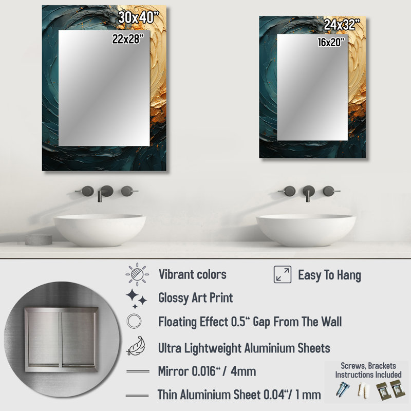 Gold Teal Ocean Spiral IV - Abstract Spirals Decorative Wall Mirror, Modern Large Mirror, Printed Metal Art, 32" x 24"