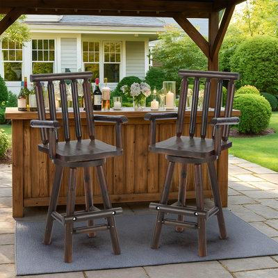 Solid Wood Adirondack Swivel Bar Chair, Rustic Outdoor Log Bar Stool With Slat Back, 500 Lbs Capacity, 29.78" Patio Counter Height Chair For Porch, De