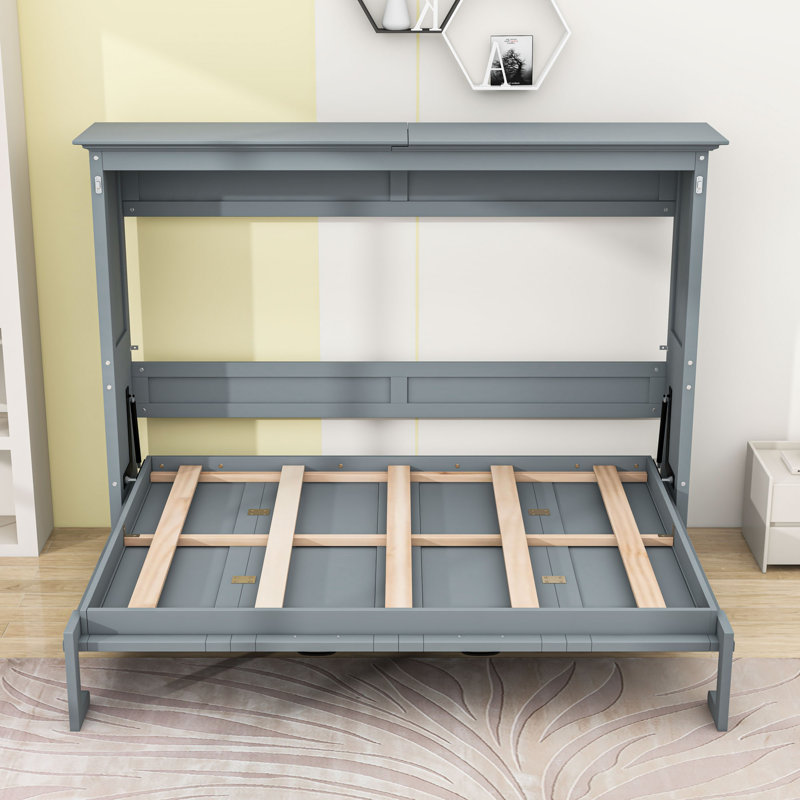 Lit escamotable double en bois avec lattes, Gris
