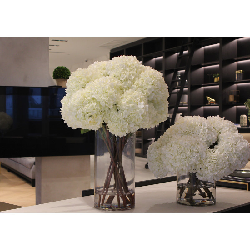 White Hydrangeas In Clear Glass Cylinder Vase, White, 27" H x 18" W x 18" D