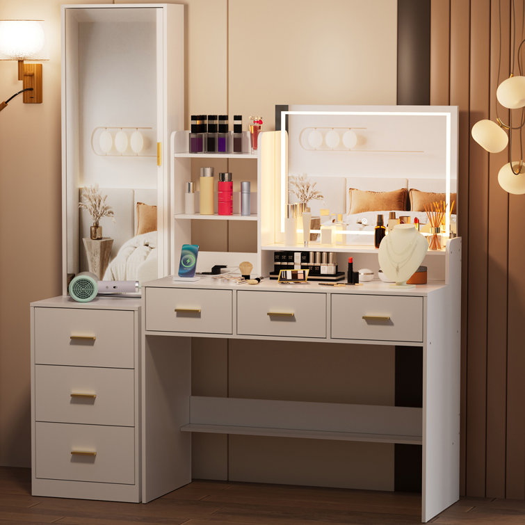 ADORNEVE Makeup Vanity Desk with Full-Length Mirror & Lighted LED Mirror,  Large Makeup Vanity Table with Lights & Charging Station, 3 Drawers & RGB