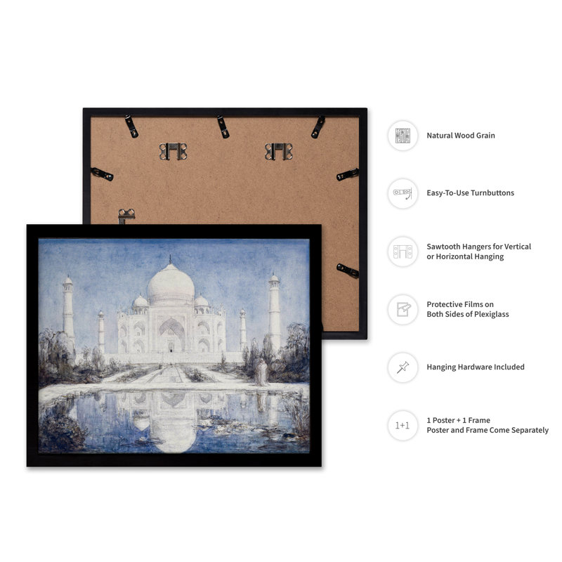 Taj Mahal au clair de lune, Cadre noir, Affiche, H 11 po x l 14 po