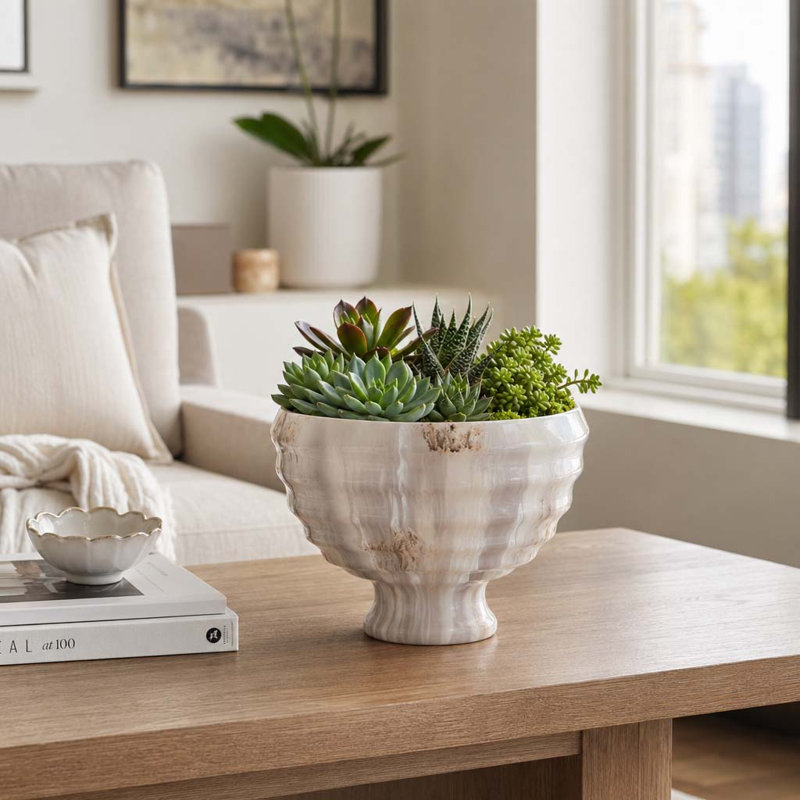 Decorative Round Glass Pedestal Accent Bowl on Stand for Tabletop Decor - Modern Minimalist Bowl with Sculptural Silhouette for Home Display - Ivory