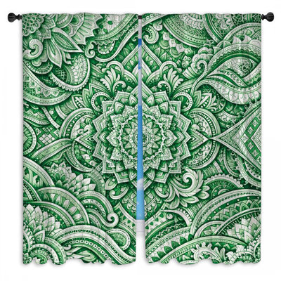 Rideaux de fenêtre vert foncé et mandala obscurcissant - 2 panneaux
