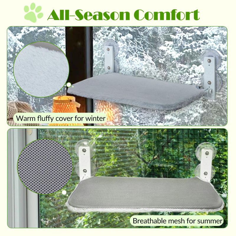 Cordless Cat Window Perch, Foldable Cat Window Hammock With 4 Suction Cups, Reversible Cover With Two Different Kinds Of Fabrics, Solid Metal Frame Cat Window Bed For Cats Inside, Grey