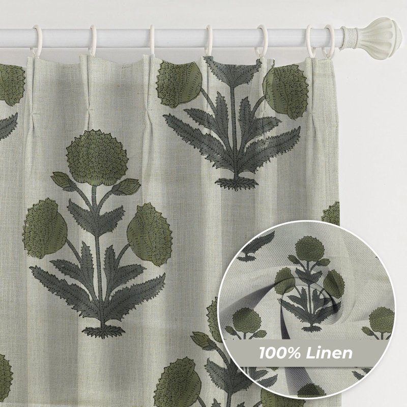 Fabdivine Home Décor Soft Pure Linen Block Print Handmade Floral Pattern Curtains, Pleated Pinch Drape for Blackout and Room Darkening in Home, Office, Patio, Green or Gray, Badshah