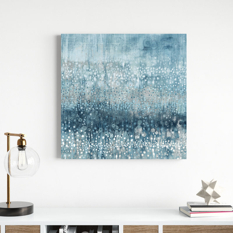 Pluie abstraite IV bleu / blanc / bleu marine argent par Danhui Nai - peinture sur toile tendue, H 30 po x l 30 po