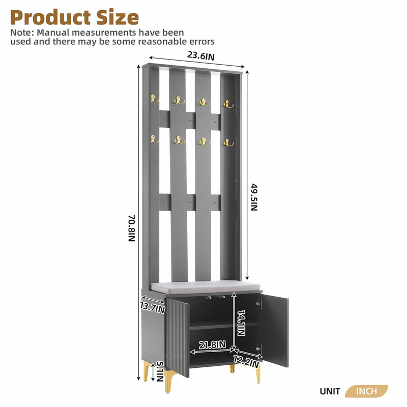 Versatile Hall Tree with Multiple Storage Options and Stylish Hooks, Grey