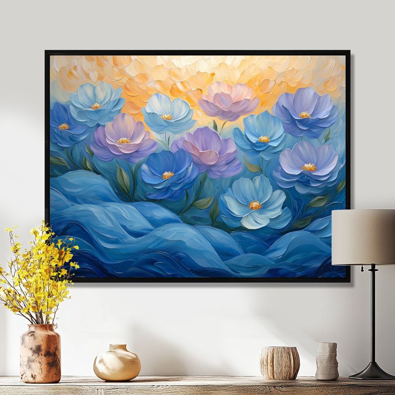 Ikera Blue Peony Petals In Harmony II - pivoines, art mural, H 30 po x l 40 po, Noir, Impression encadrée flottante