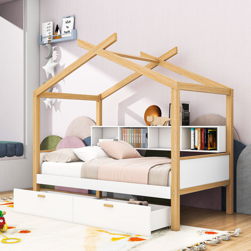 Lit maison avec tiroirs et tablettes, Simple