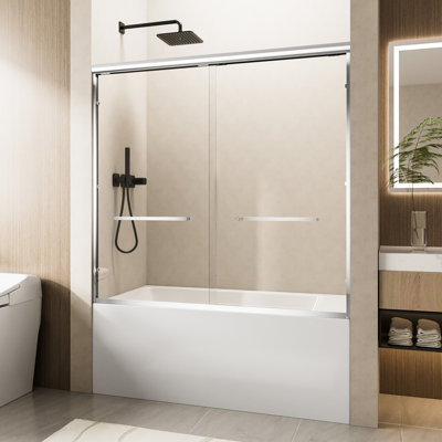 Porte de douche à cadre en aluminium de 60 po de largeur x 57 po de hauteur, porte de baignoire avec fonction de fermeture en douceur, verre trempé transparent de 1/4 po d'épaisseur, poignées doubles, réversible pour les salles de bain compactes, faible risque d'éclatement avec double