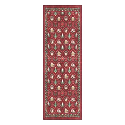 Poinsettia & Evergreen Christmas Floral Red / Green Low-Pile Washable Area Rug for Bedroom