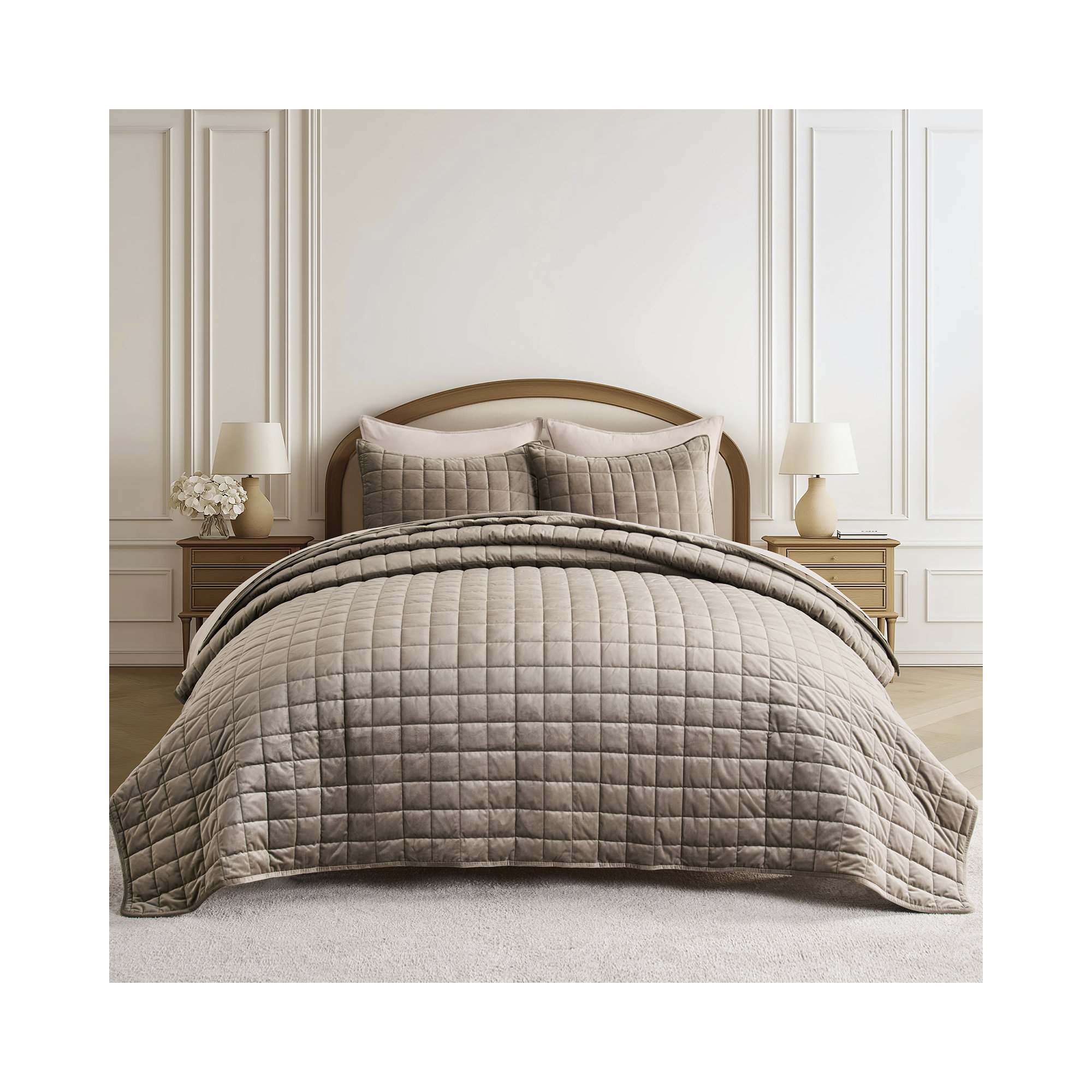Box Stitch PearlVelvet Quilt set, Mocha Brown, Queen Quilt + 2 Standard Shams