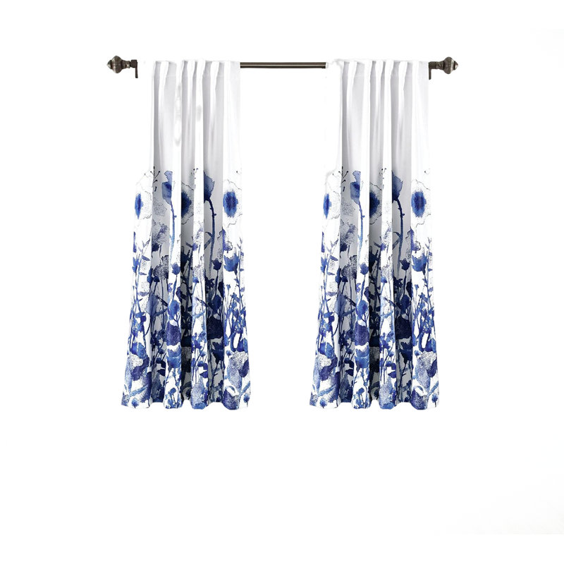 Navy Floral Room Darkening Polyester Window Curtain Panels