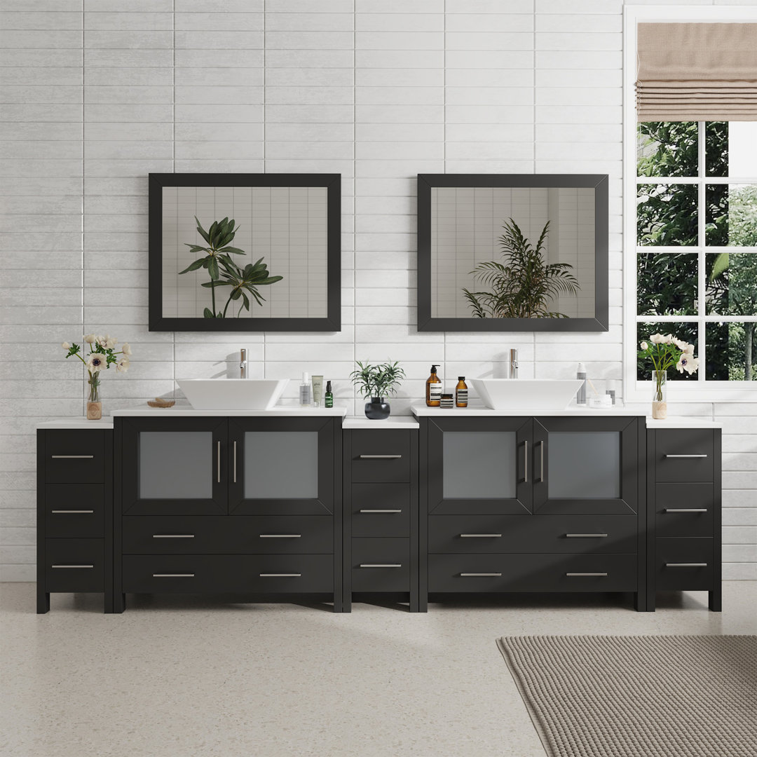 Karson 108'' Double Bathroom Vanity with Engineered Marble Top with Mirror Wade Logan® Base 