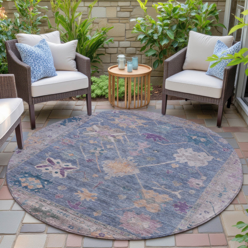 Machine Washable Indoor/Outdoor Xhevrie Blue Rug, Round 8'