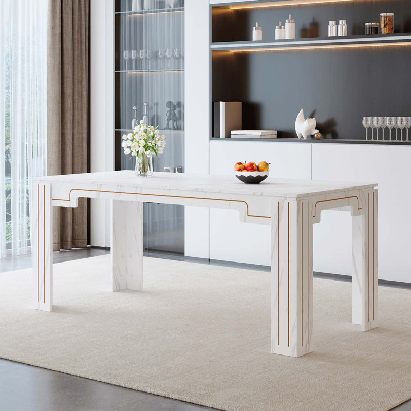 Table de salle à manger en marbre avec pieds rainurés, Blanc